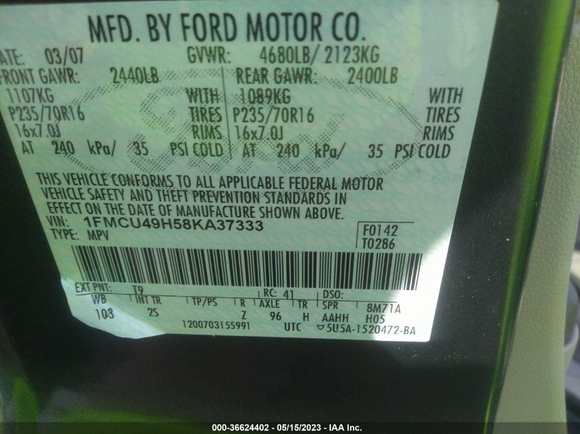 2008 Ford Escape Hybrid VIN: 1FMCU49H58KA37333 Lot: 36624402