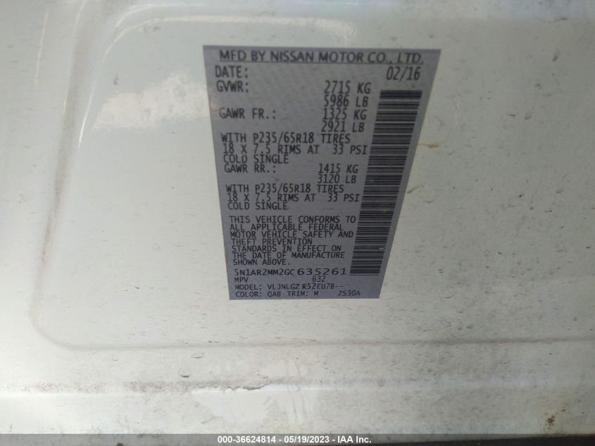 2016 Nissan Pathfinder Sl VIN: 5N1AR2MM2GC635261 Lot: 36624814