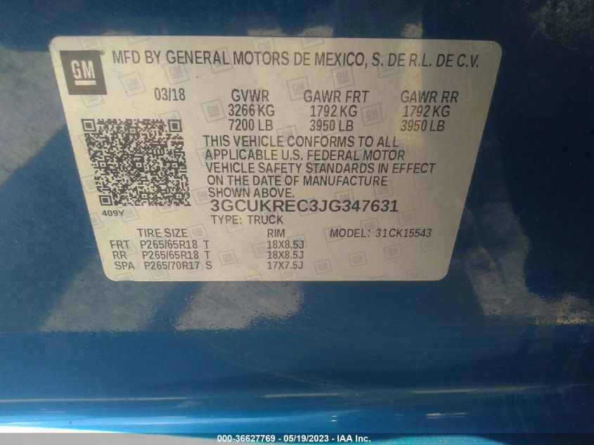 2018 Chevrolet Silverado 1500 2Lt VIN: 3GCUKREC3JG347631 Lot: 36627769