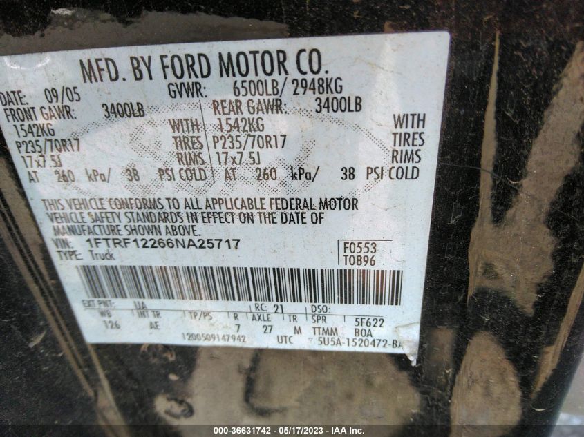 2006 Ford F-150 Xlt/Stx/Xl VIN: 1FTRF12266NA25717 Lot: 36631742