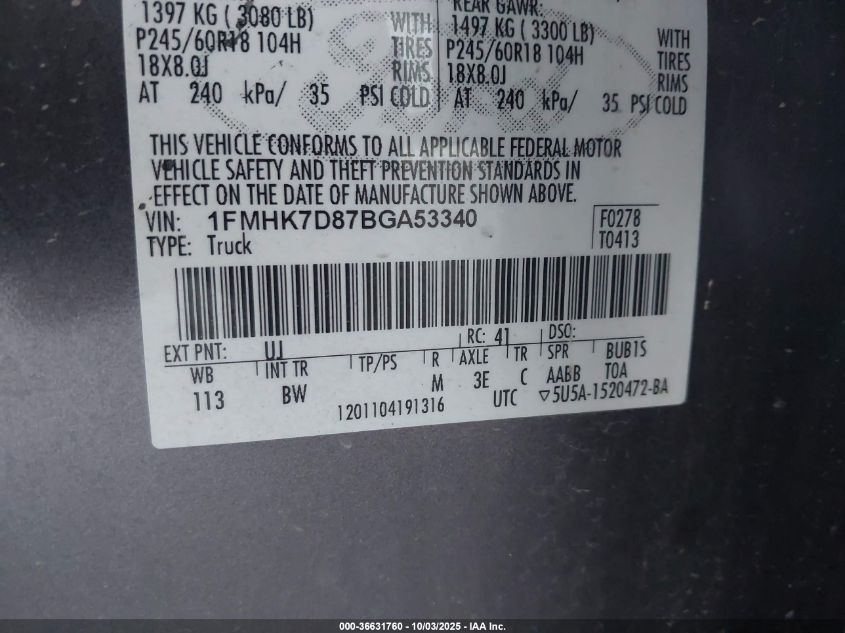 2011 Ford Explorer Xlt VIN: 1FMHK7D87BGA53340 Lot: 36631760