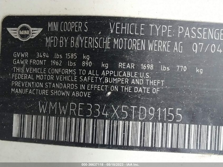 2005 Mini Cooper S VIN: WMWRE334X5TD91155 Lot: 36637118