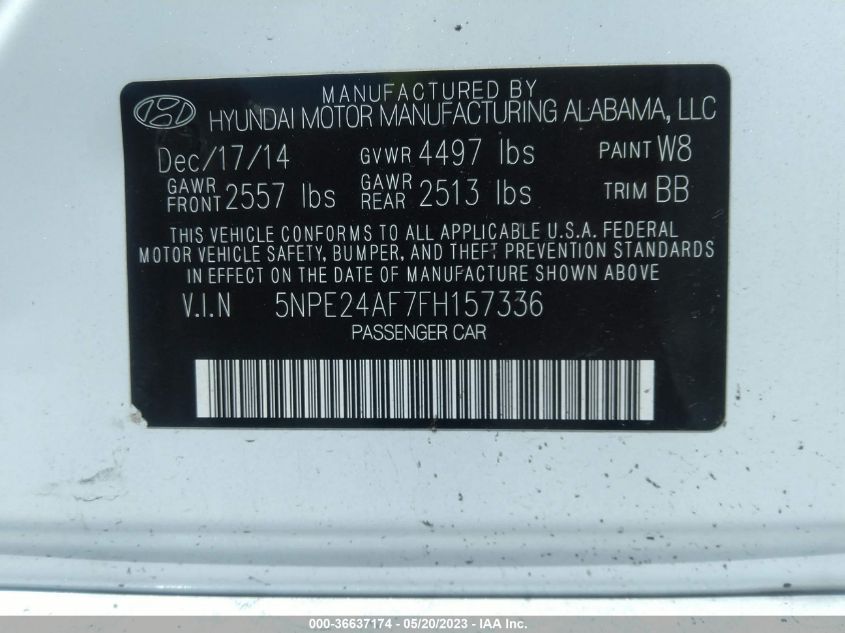 2015 Hyundai Sonata 2.4L Se VIN: 5NPE24AF7FH157336 Lot: 36637174