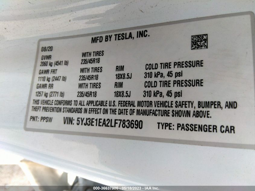 2020 Tesla Model 3 Standard Range Plus Rear-Wheel Drive/Standard Range Rear-Wheel Drive VIN: 5YJ3E1EA2LF783690 Lot: 36637986