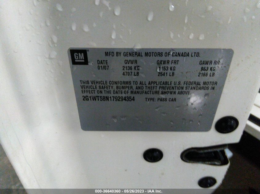 2007 Chevrolet Impala 3.5L Lt VIN: 2G1WT58N179294354 Lot: 36640360