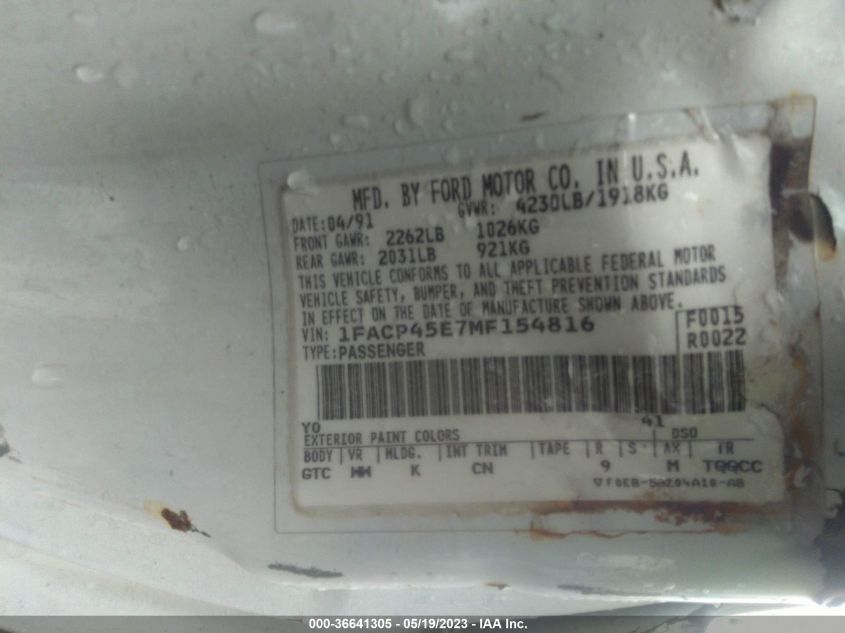 1991 Ford Mustang Gt/Cobra Gt VIN: 1FACP45E7MF154816 Lot: 36641305
