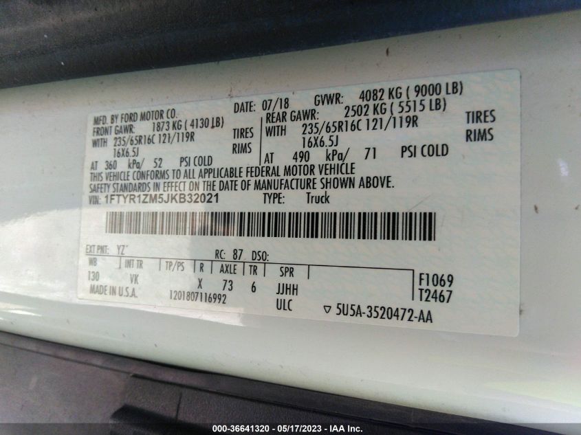 2018 Ford Transit-250 VIN: 1FTYR1ZM5JKB32021 Lot: 36641320