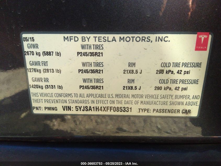 2015 Tesla Model S 85D/P85D VIN: 5YJSA1H4XFF085331 Lot: 36653753