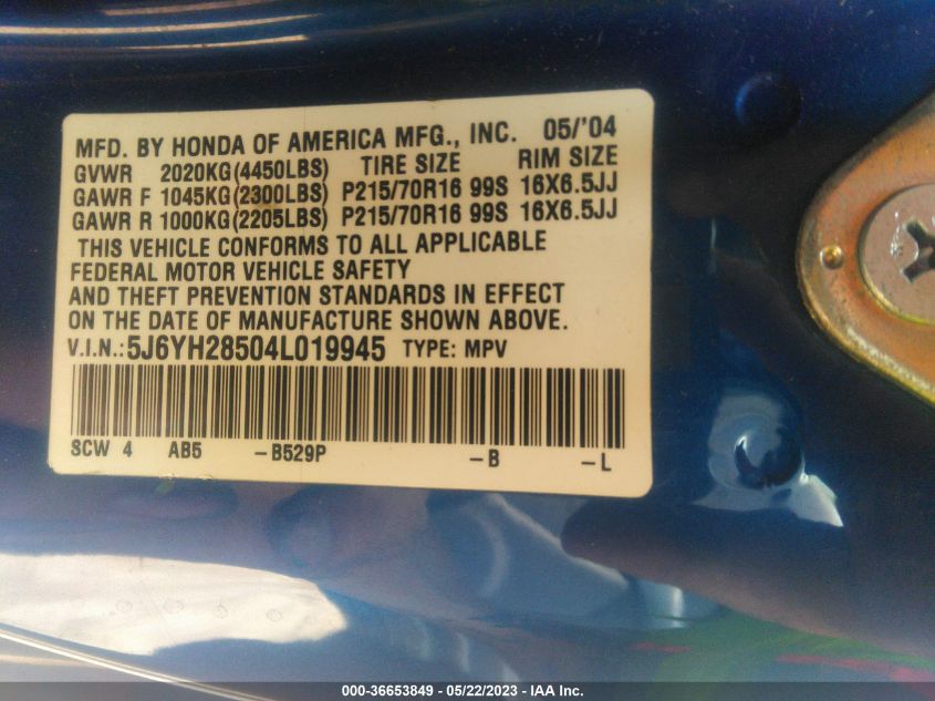 5J6YH28504L019945 2004 Honda Element Ex