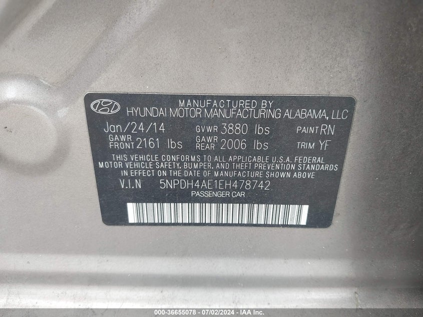 2014 Hyundai Elantra Se VIN: 5NPDH4AE1EH478742 Lot: 36655078