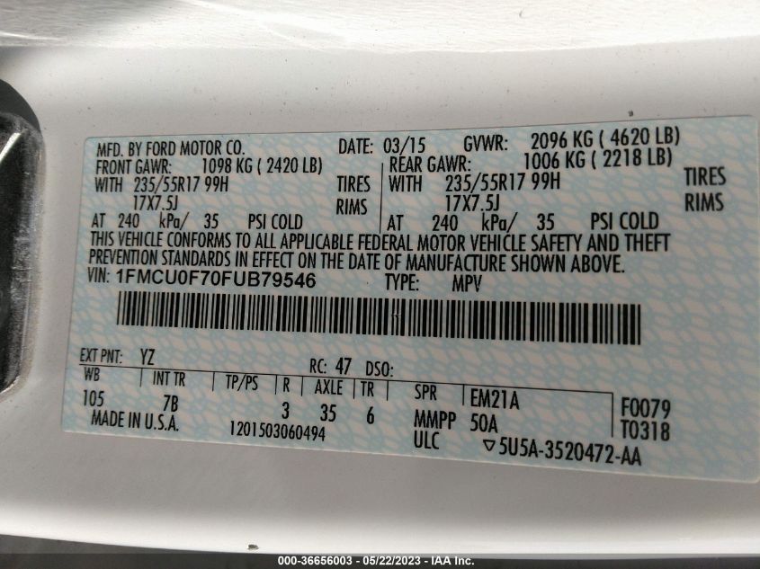 VIN 1FMCU0F70FUB79546 2015 Ford Escape, S no.9