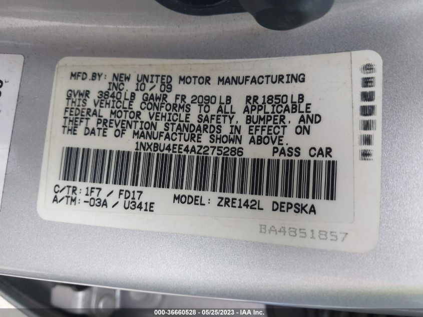 2010 Toyota Corolla VIN: 1NXBU4EE4AZ275286 Lot: 36660528