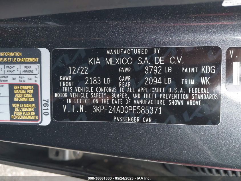 2023 Kia Forte Lxs VIN: 3KPF24AD0PE585371 Lot: 36661330