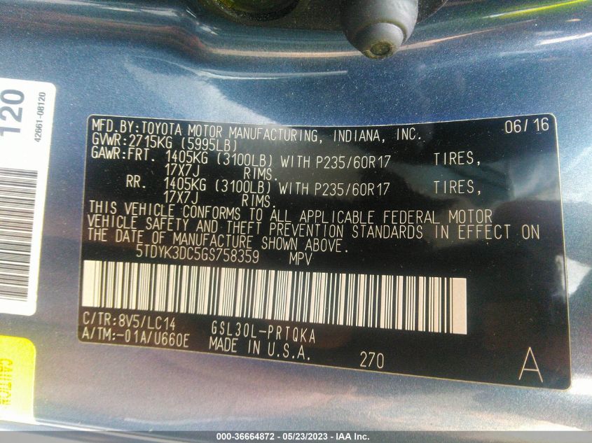 2016 Toyota Sienna Xle Premium 8 Passenger VIN: 5TDYK3DC5GS758359 Lot: 36664872