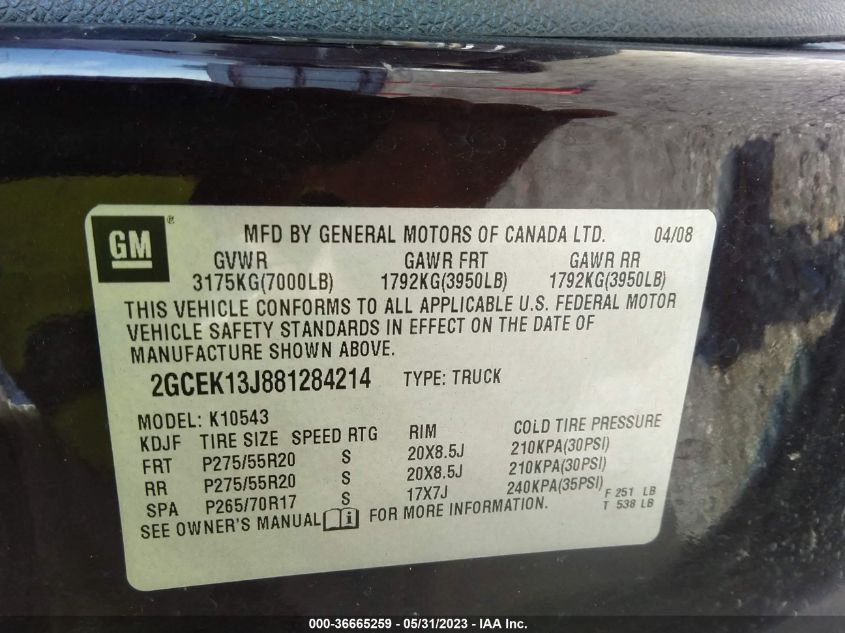 2008 Chevrolet Silverado 1500 Lt1 VIN: 2GCEK13J881284214 Lot: 36665259