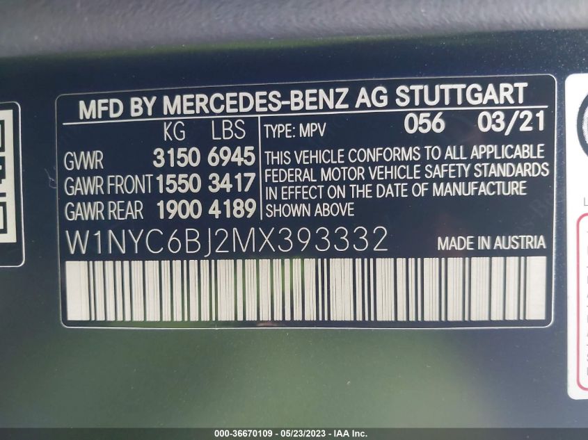 VIN W1NYC6BJ2MX393332 2021 Mercedes-Benz G-Class, G... no.9