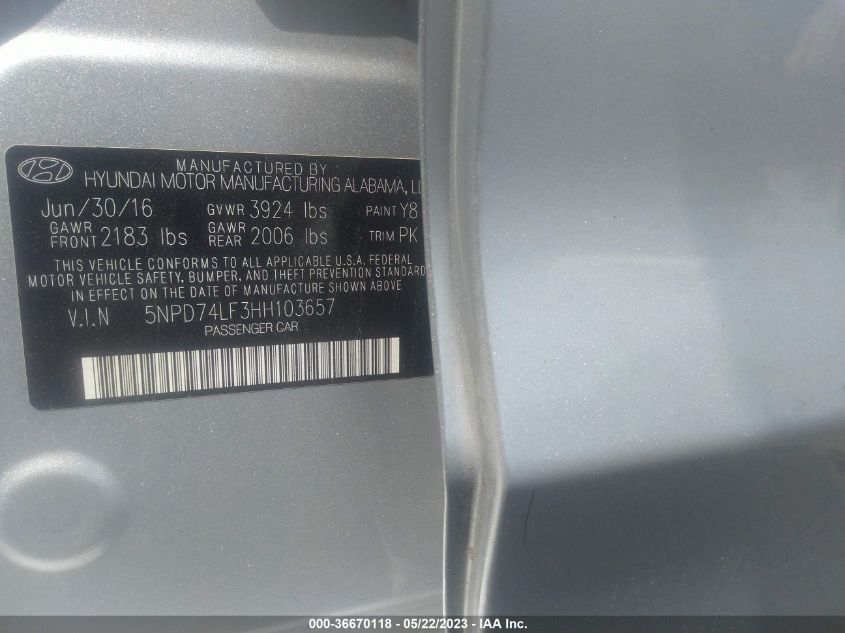 5NPD74LF3HH103657 2017 Hyundai Elantra Se