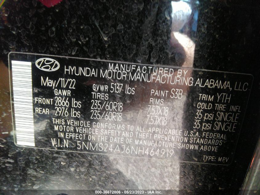 2022 Hyundai Santa Fe Sel VIN: 5NMS24AJ6NH464919 Lot: 36672806