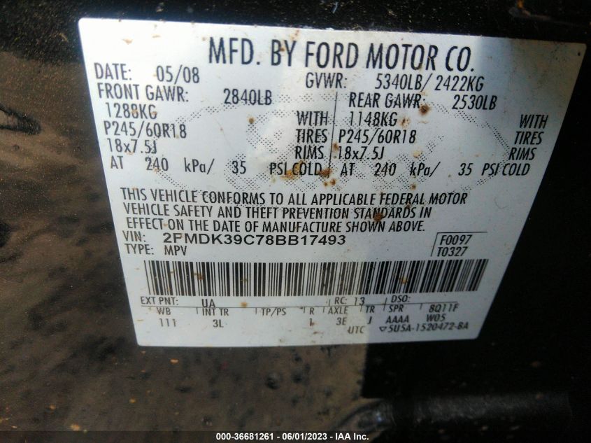 2008 Ford Edge Limited VIN: 2FMDK39C78BB17493 Lot: 36681261