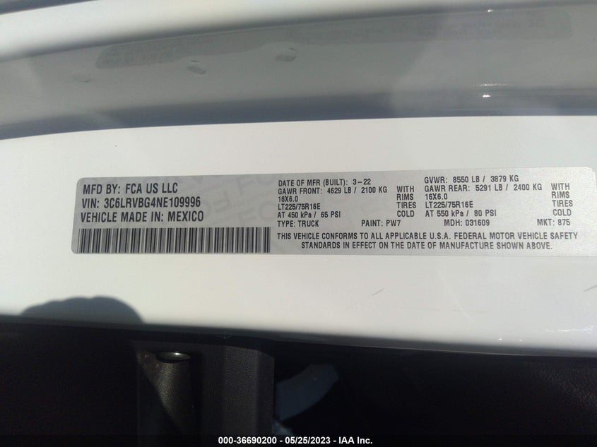2022 RAM PROMASTER 1500 136" WB - 3C6LRVBG4NE109996