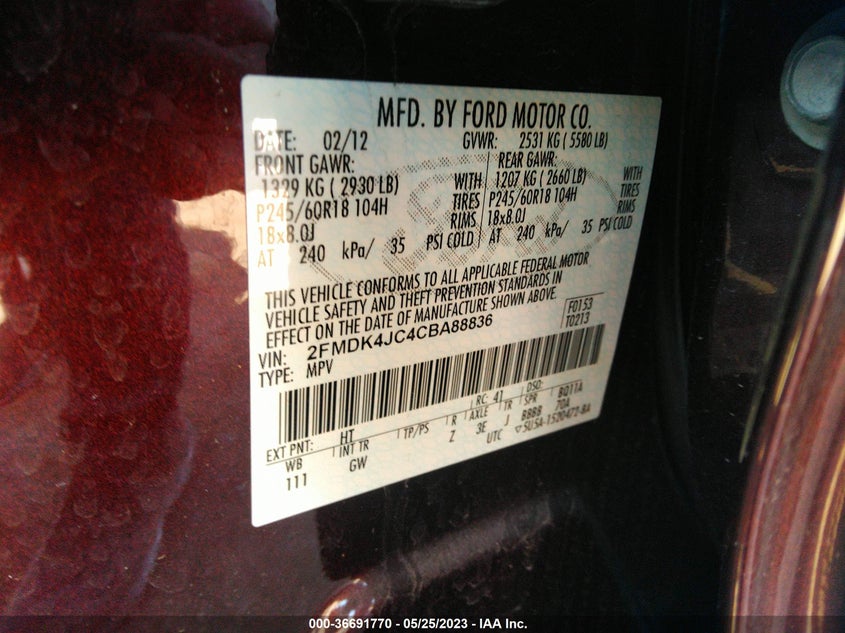 2012 Ford Edge Sel VIN: 2FMDK4JC4CBA88836 Lot: 36691770