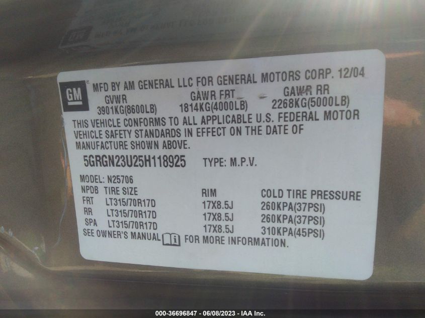 2005 Hummer H2 Suv VIN: 5GRGN23U25H118925 Lot: 36696847