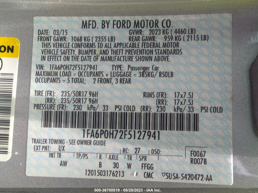 1FA6P0H72F5127941 2015 Ford Fusion Se