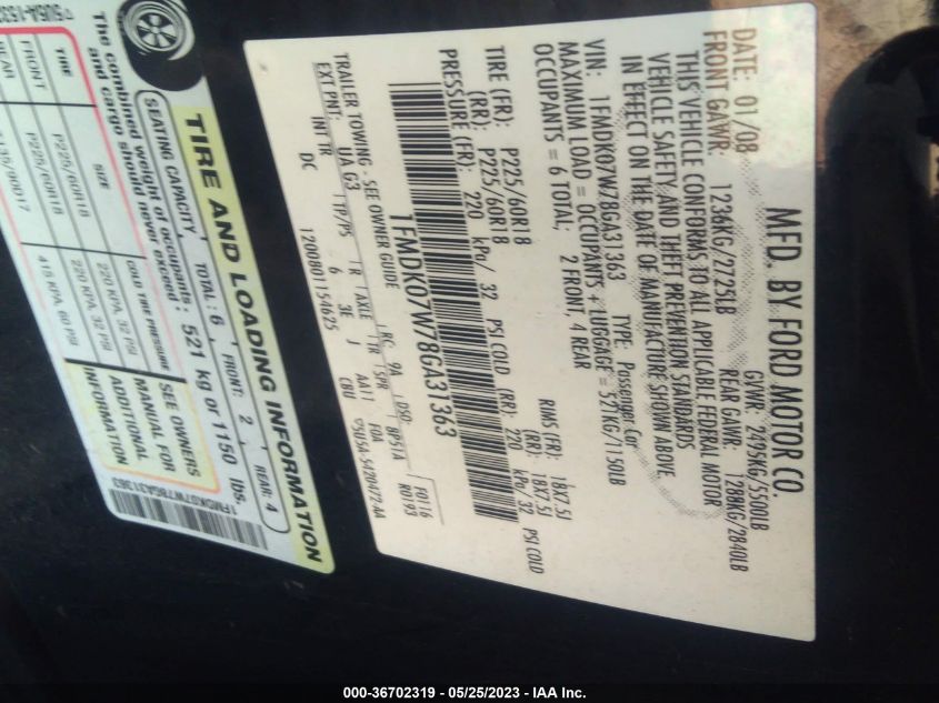 2008 Ford Taurus X Eddie Bauer VIN: 1FMDK07W78GA31363 Lot: 36702319