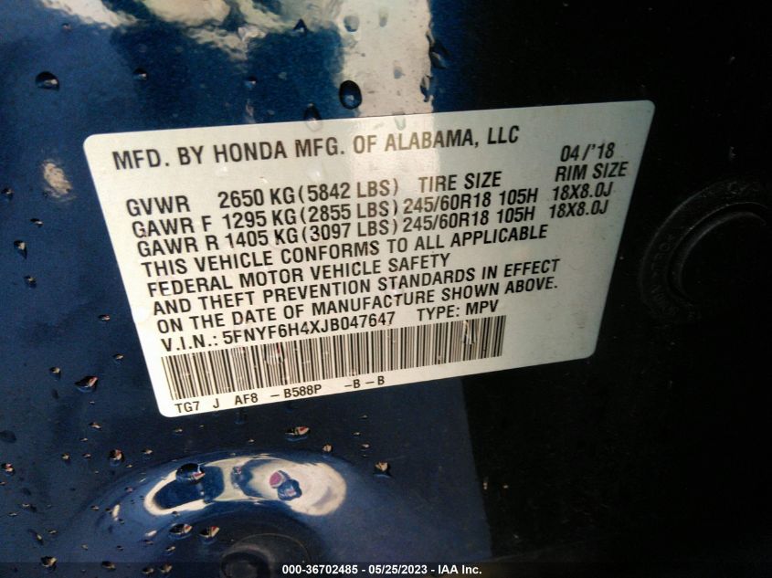 2018 Honda Pilot Ex VIN: 5FNYF6H4XJB047647 Lot: 36702485