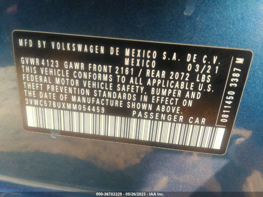 2021 Volkswagen Jetta 1.4T R-Line/1.4T S/1.4T Se VIN: 3VWC57BUXMM054459 Lot: 36703329