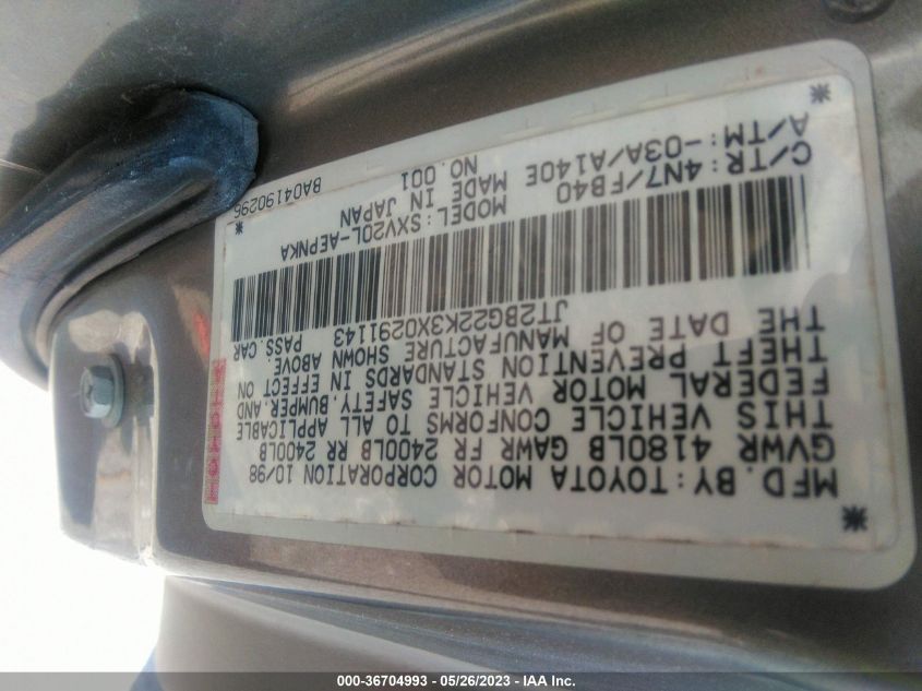 1999 Toyota Camry Le VIN: JT2BG22K3X0291143 Lot: 36704993