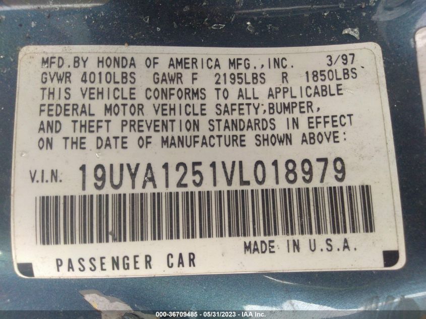 1997 Acura Cl Premium Pkg VIN: 19UYA1251VL018979 Lot: 36709485