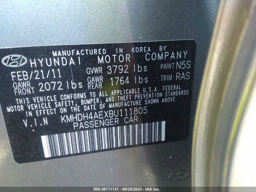 2011 Hyundai Elantra Limited (Ulsan Plant) VIN: KMHDH4AEXBU111805 Lot: 36711131