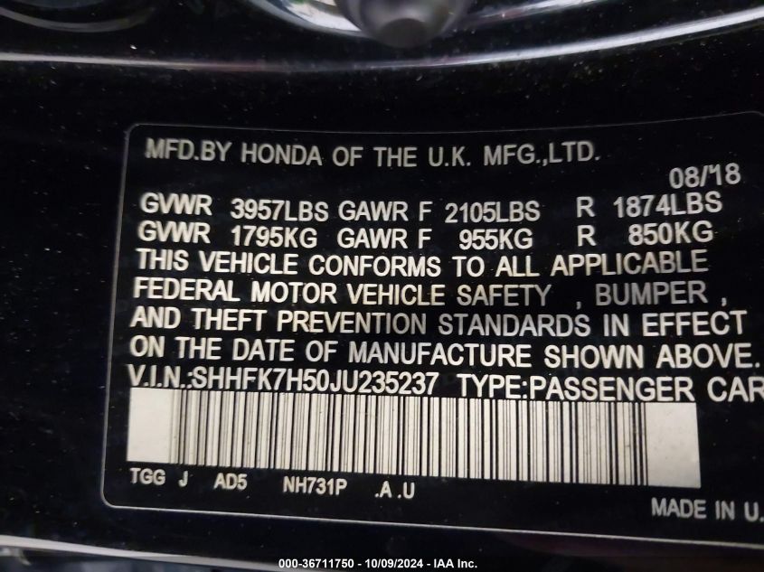 2018 Honda Civic Ex VIN: SHHFK7H50JU235237 Lot: 36711750