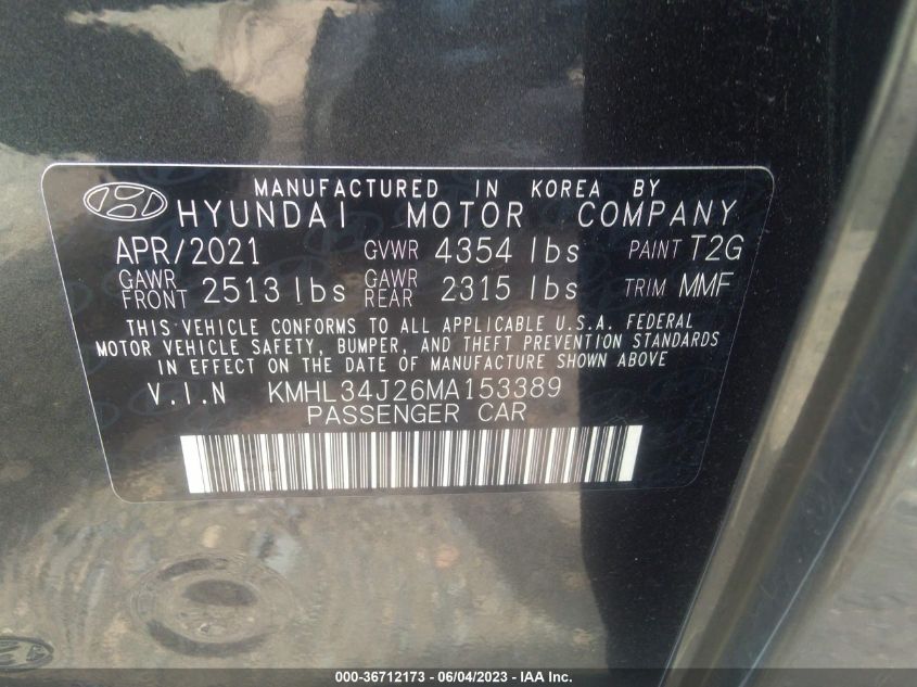 2021 Hyundai Sonata Limited VIN: KMHL34J26MA153389 Lot: 36712173