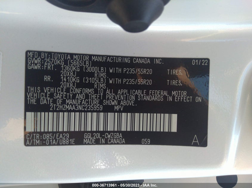 2022 LEXUS RX RX 350 VIN: 2T2HZMAA3NC235959