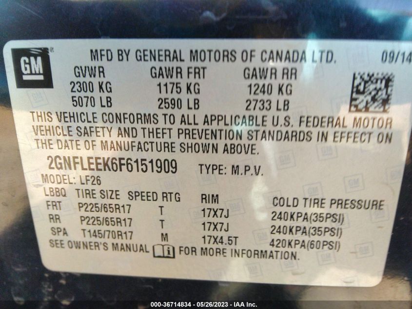 2015 Chevrolet Equinox Ls VIN: 2GNFLEEK6F6151909 Lot: 36714834