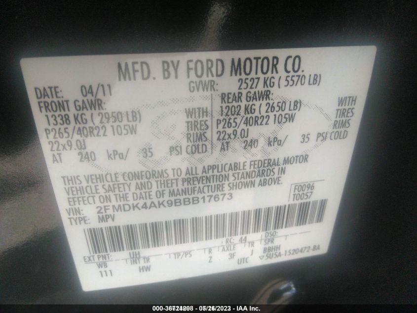 2011 Ford Edge Sport VIN: 2FMDK4AK9BBB17673 Lot: 36724208