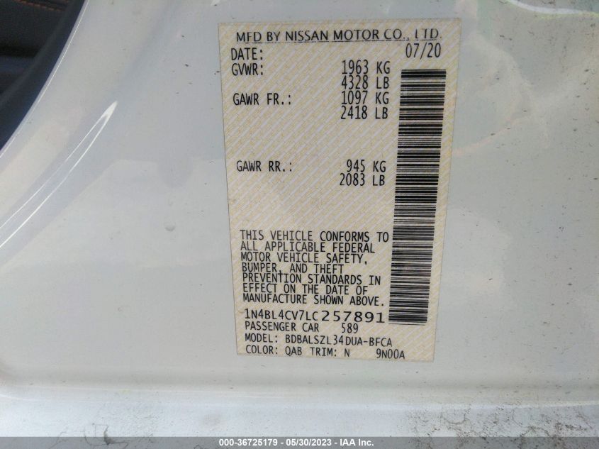 2020 Nissan Altima 2.5 Sr VIN: 1N4BL4CV7LC257891 Lot: 36725179