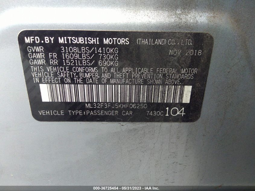 2019 Mitsubishi Mirage G4 Es/Rf VIN: ML32F3FJ5KHF06250 Lot: 36725454