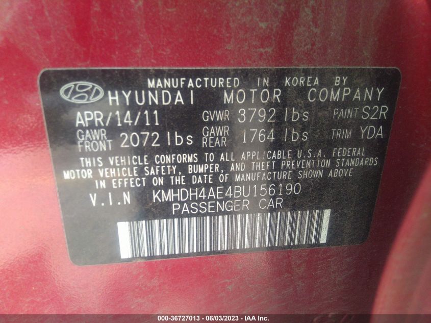 2011 Hyundai Elantra Limited (Ulsan Plant) VIN: KMHDH4AE4BU156190 Lot: 36727013