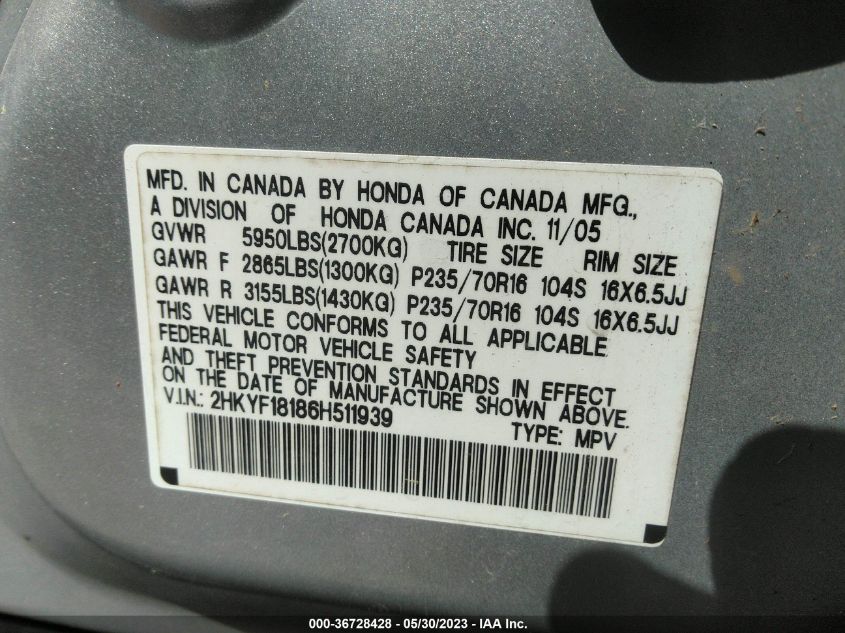 2HKYF18186H511939 2006 Honda Pilot Lx