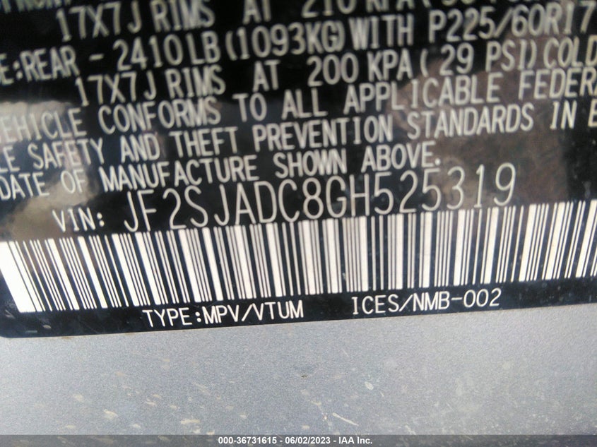 2016 Subaru Forester 2.5I Premium VIN: JF2SJADC8GH525319 Lot: 36731615