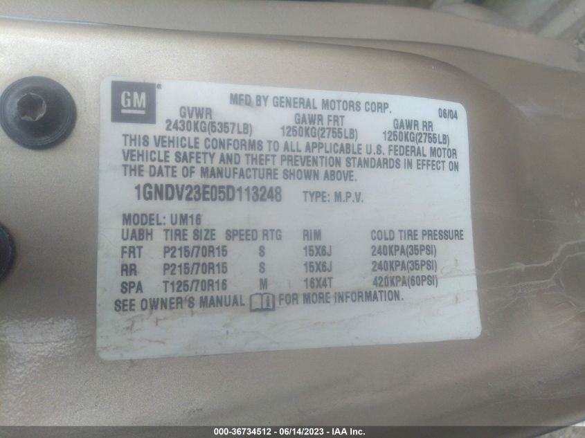 2005 Chevrolet Venture Ls VIN: 1GNDV23E05D113248 Lot: 36734512