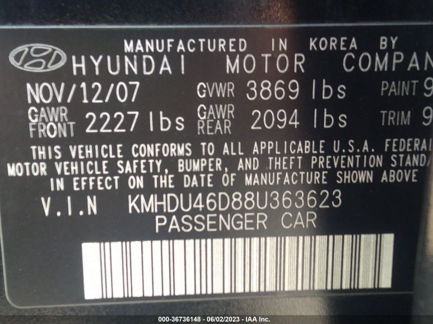 2008 Hyundai Elantra Gls/Se VIN: KMHDU46D88U363623 Lot: 36736148