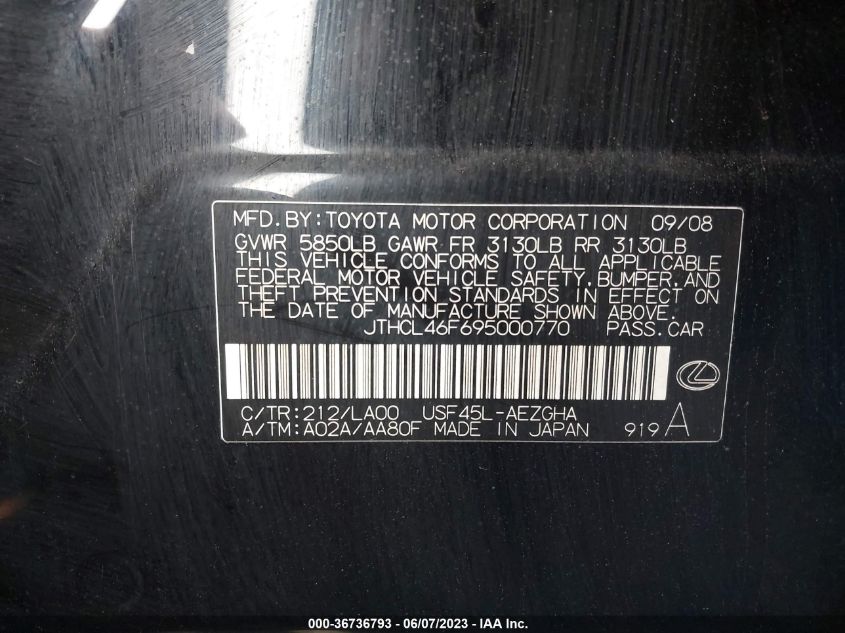 2009 Lexus Ls 460 VIN: JTHCL46F695000770 Lot: 36736793