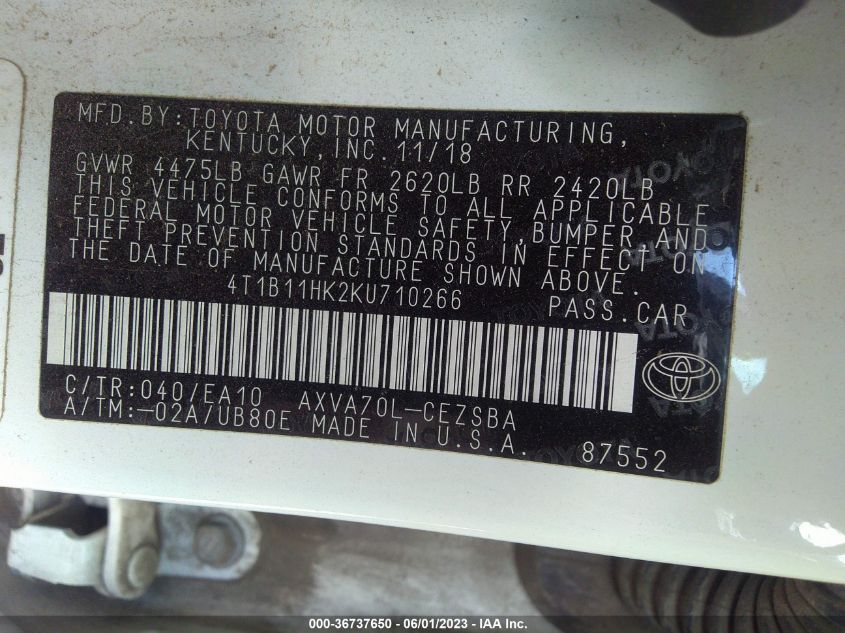 4T1B11HK2KU710266 2019 Toyota Camry Xle/Se/L/Le