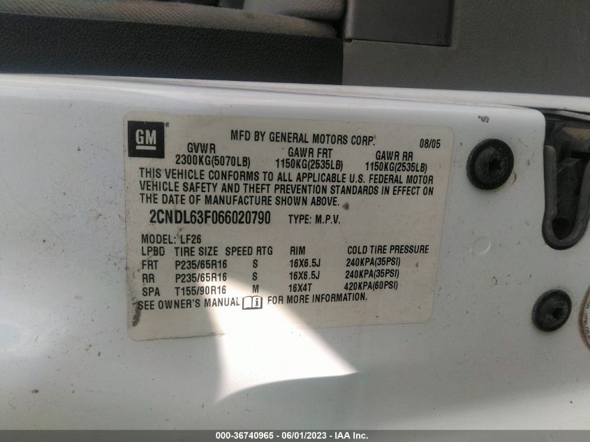 2CNDL63F066020790 2006 Chevrolet Equinox Lt