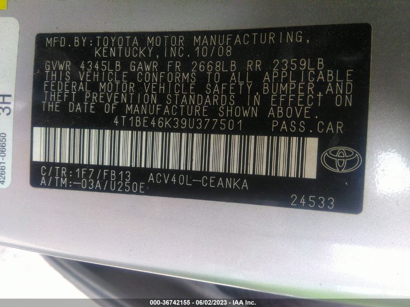 4T1BE46K39U377501 2009 Toyota Camry