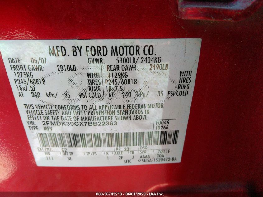 2007 Ford Edge Sel Plus VIN: 2FMDK39CX7BB22363 Lot: 36743213